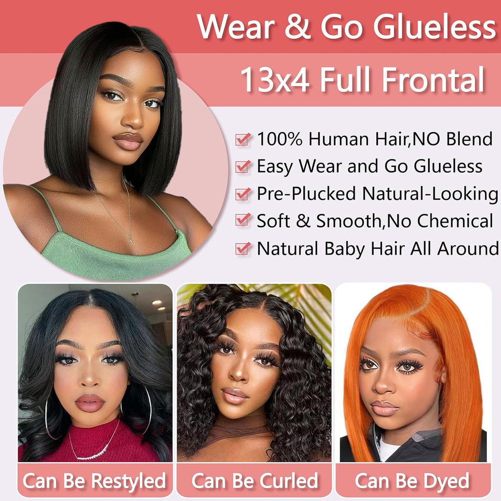 10 Inch Bob Wig Human Hair 13X4 HD Lace Front Wigs Pre Plucked Short Bob Wig Lace Frontal Wigs for Black Women, Short Straight Glueless Human Hair Wig with Elastic Band, 180% Density, Natural Black