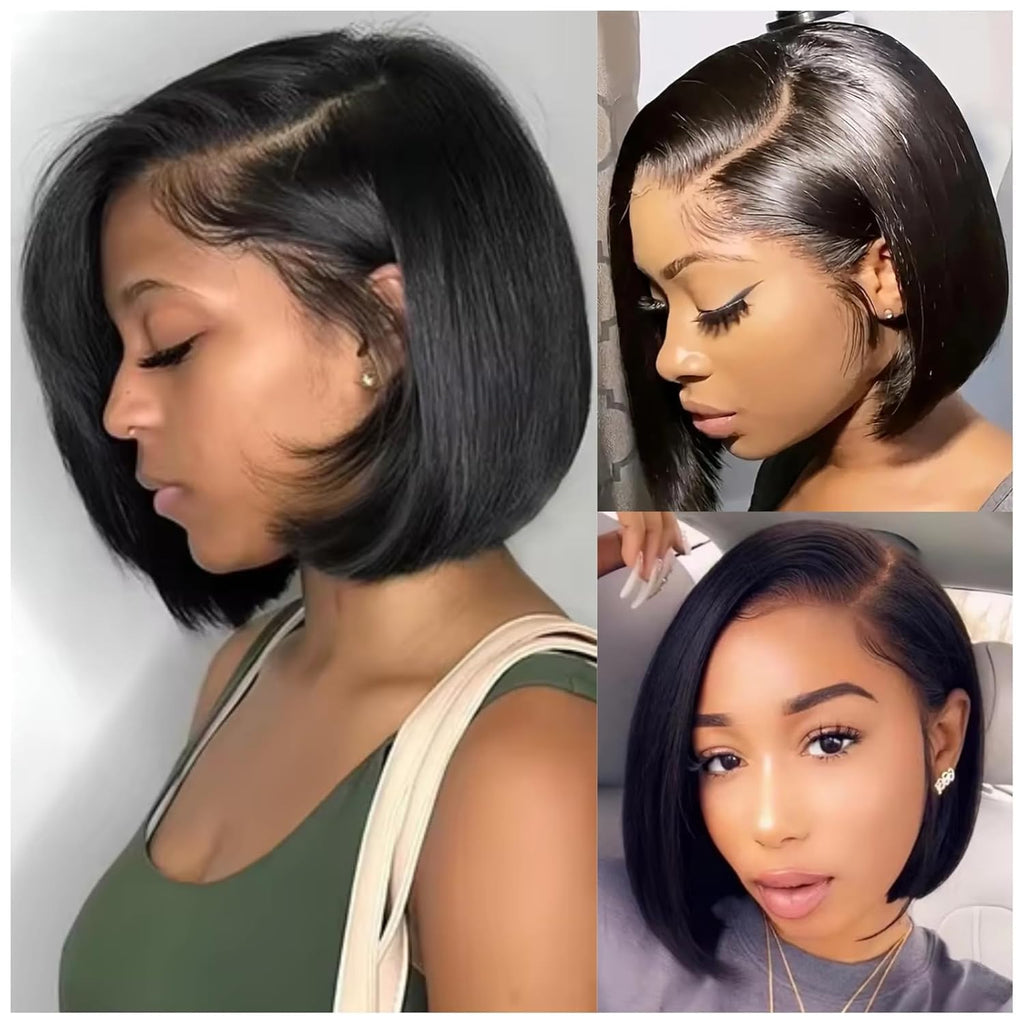 10 Inch Bob Wig Human Hair 13X4 HD Lace Front Wigs Pre Plucked Short Bob Wig Lace Frontal Wigs for Black Women, Short Straight Glueless Human Hair Wig with Elastic Band, 180% Density, Natural Black