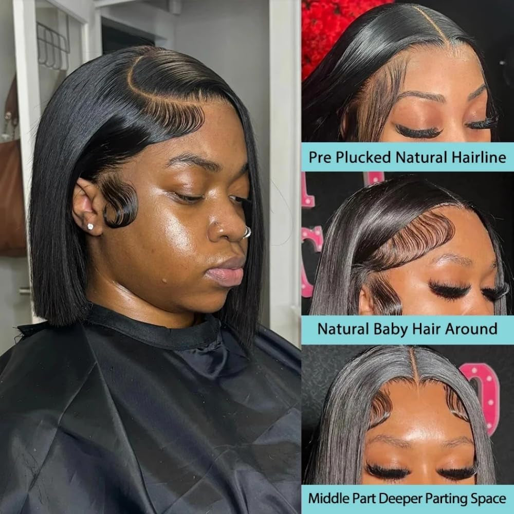 10 Inch Bob Wig Human Hair 13X4 HD Lace Front Wigs Pre Plucked Short Bob Wig Lace Frontal Wigs for Black Women, Short Straight Glueless Human Hair Wig with Elastic Band, 180% Density, Natural Black